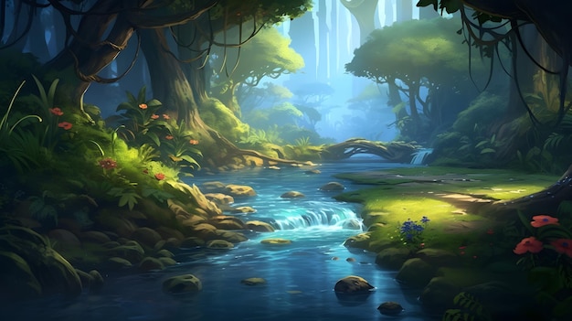 Serene Nature Landscape Captivating CloseUp of a Forest Stream with Rocks and Trees Generated by AI