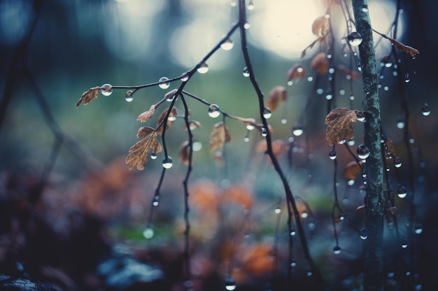 Serene Nature Rain Drops on Blurred Tree Branches Generative AI