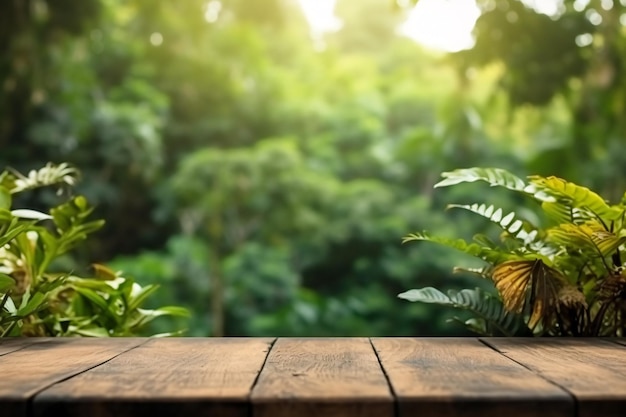 穏やかな自然の隠れ家 雄大な緑豊かな森を望む魅惑的な木製テーブル 生成 AI
