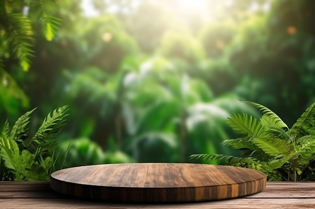 Serene Nature Retreat Wooden Table with Forest View Generated by AI