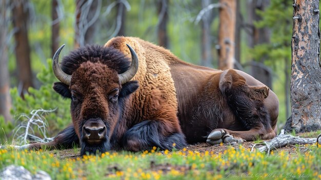 serene nature scene with a bison resting in the forest