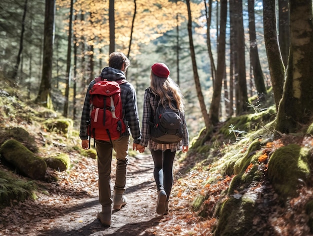 Безмятежная прогулка на природе Два человека прогуливаются по живописной лесной тропе Генеративный ИИ
