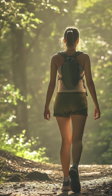 Serene Nature Walk Woman Hiking on a Sunlit Forest Path