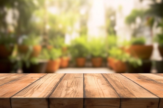 Serene NatureInspired Workspace CloseUp of Wooden Table with Lush Potted Plants Generative AI