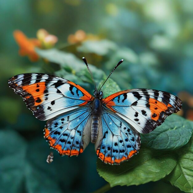 Serene Natures Palette with a Blue Orange and Black Butterfly Sitting on a leaf generated by AI