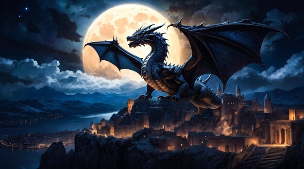 Serene Night A Digital Illustration of a Dragon