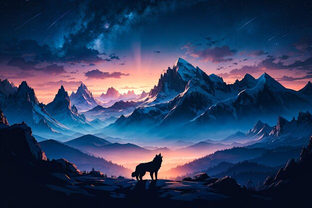 Serene Night A Digital Illustration of a Mountain Landscape with a Moon