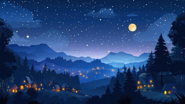 Photo a serene night scene featuring a starry sky a bright full moon and a quaint village nestled among mountains