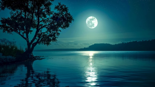 Serene night scene with a full moon reflecting over a calm lake beside a silhouette of a lone tree