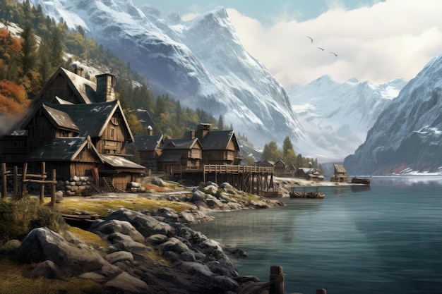 Serene Nordic village view Generate Ai