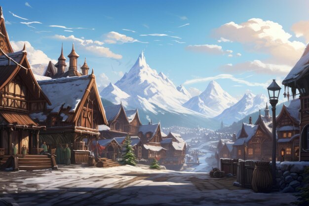 Serene Nordic village view snow Generate Ai