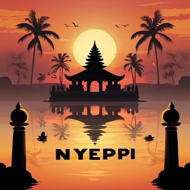 Foto illustrazione della silhouette del tempio di serene nyepi day al tramonto