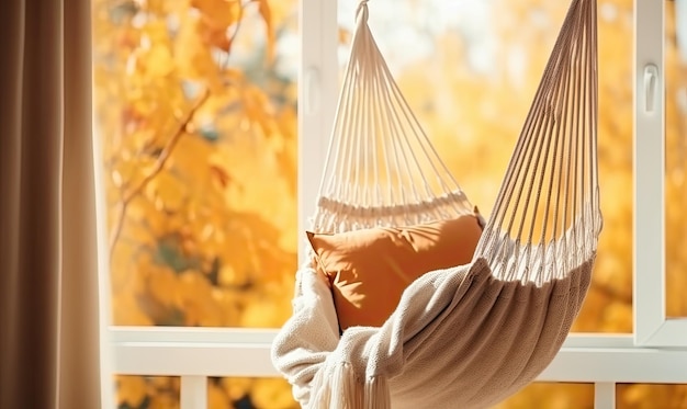 A Serene Oasis Relaxing Hammock Swinging Amidst Natural Light and Tranquil Views