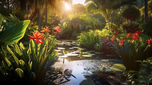 Photo serene oasis tropical garden pond at golden hour