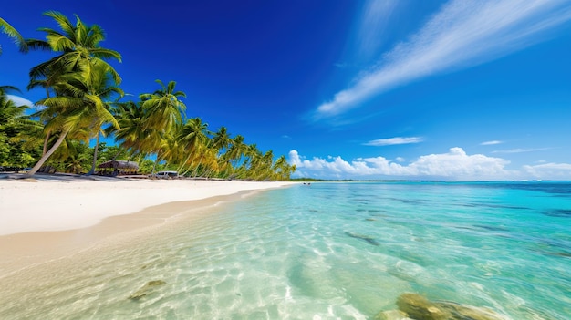 serene ocean and beach with crystal clear waters and verdant palm trees tropical paradise