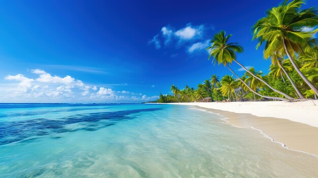 Serene ocean and beach with crystal clear waters and verdant palm trees tropical paradise