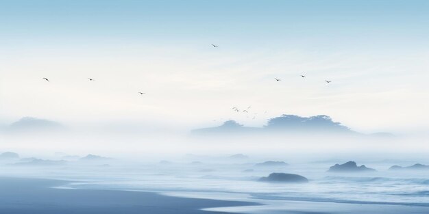 Serene ocean coastline with white mist Tranquil landscape Generative AI