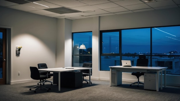 a serene office space bathed in sunset light perfect for reflection