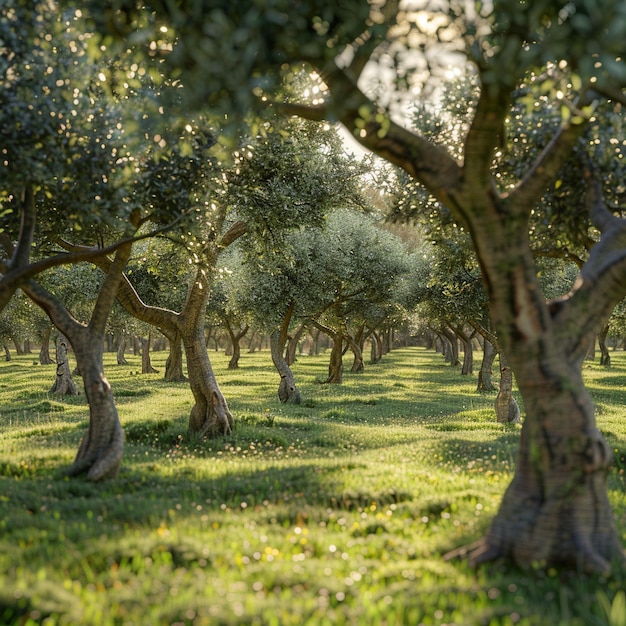 Foto paesaggio sereno di ulivi in un campo verde