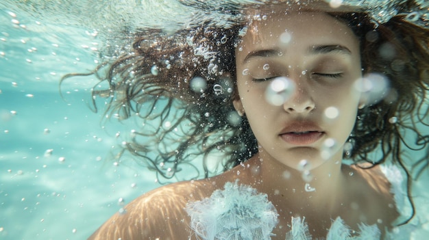 Serene onderwater portret van een persoon met gesloten ogen omringd door bubbels