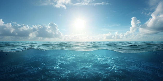 serene onderwater scène met zonverlichte oceaan golven waterlijn Generatieve AI