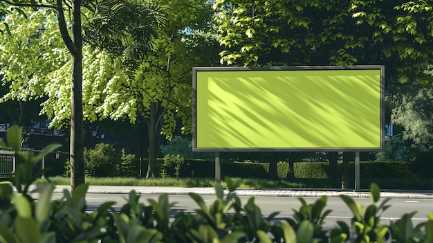 Foto serene outdoor landscape met vacant reclamebord in een weelderig groen park