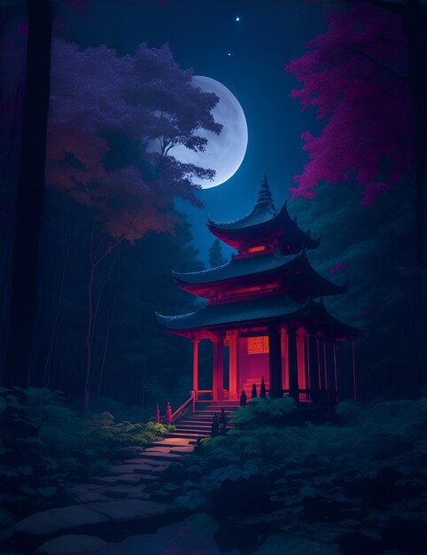Serene pagode omgeven door weelderig bos en verlicht door het stralende licht van een volle maan