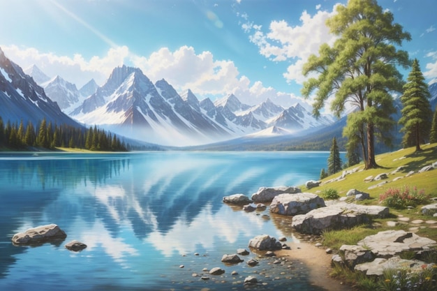 A serene painting of a beautiful mountain lake surrounded by majestic mountains