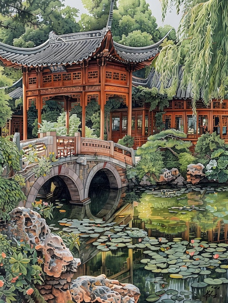 A serene painting of a bridge over a pond with a pagoda in the background