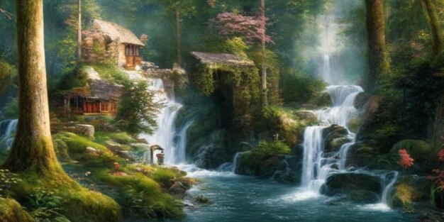 A serene painting capturing a forest house nestled beside a cascading waterfall