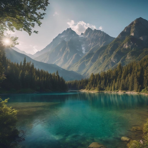 A serene painting depicting a river surrounded by trees and mountains in a forest