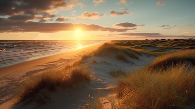 Serene panoramic view of a dune beach during sunset