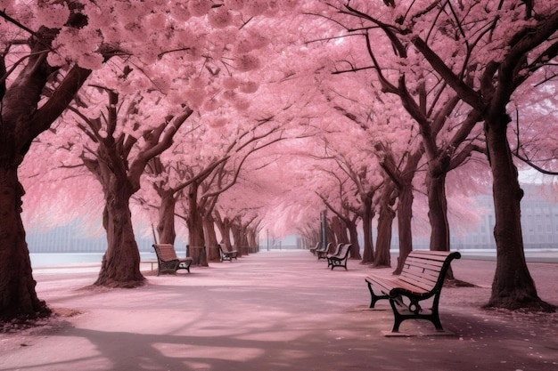 Serene Park roze bomen bank Generate Ai