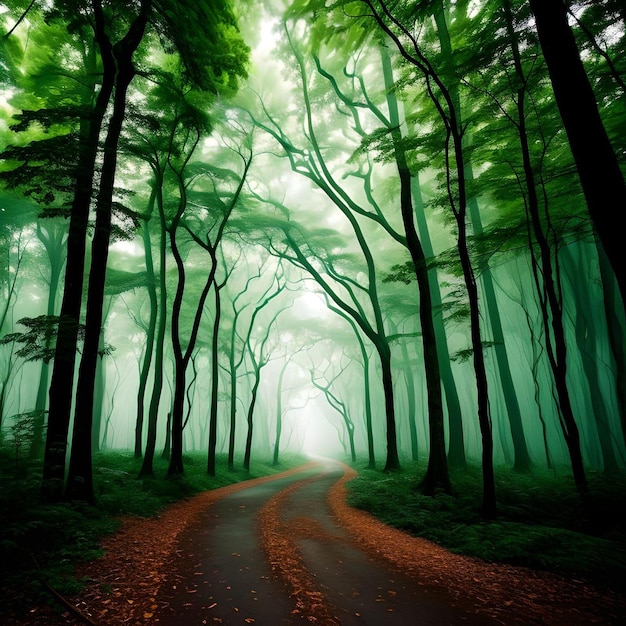 緑の森の自然の風景を通る穏やかな道