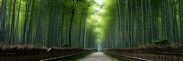 A serene pathway winding through a lush bamboo forest