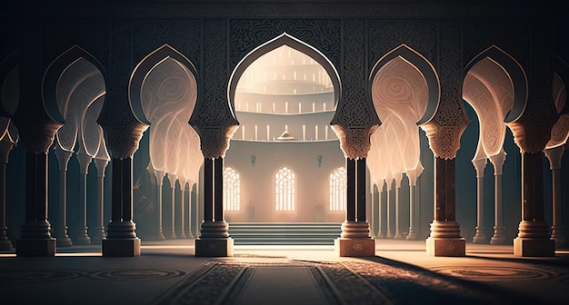 Serene and peaceful mosque interior Moon light Ramadan Kareem Generative AI
