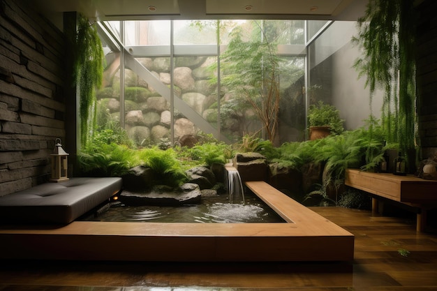 A serene and peaceful room with greenery and a water feature
