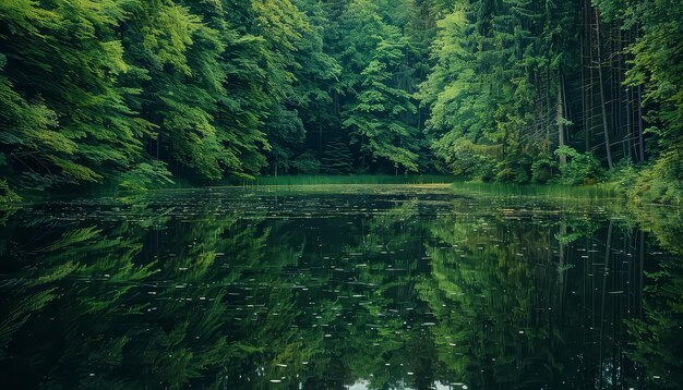 A serene and peaceful scene of a forest with a lake in the middle