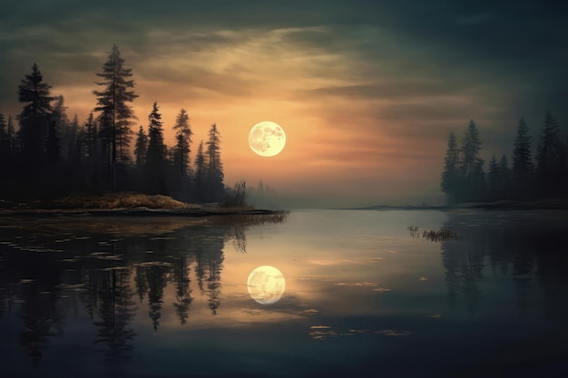 Photo the serene and peaceful sight of full moon rising over calm lake reflecting its gentle light generative ai