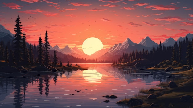 A serene and peaceful sunset over a tranquil lake