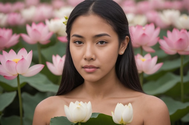 Foto un sereno ritratto fotografico di una giovane donna isolana del pacifico con fiori di loto