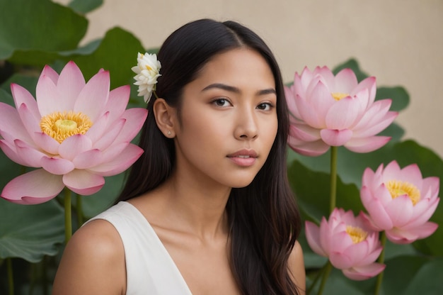 A serene photo portrait of a young Pacific Islander woman with tranquil lotus flowers