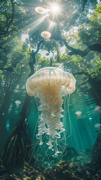 Serene Photo Realistic Image of Jellyfish Floating Near Mangrove Roots to Showcase the Unique Protec