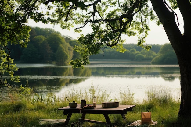 静かな湖のそばでピクニック