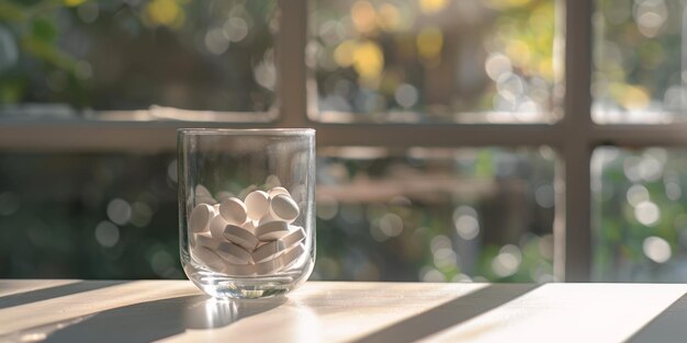 Foto serene pills in a glass jar bask in sunlit tranquility