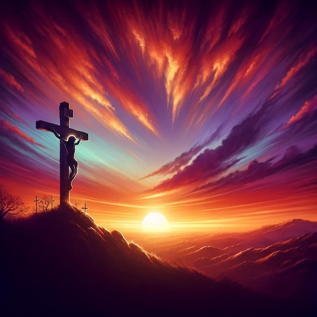 A serene yet poignant scene depicting Jesus Christ crucified on the cross at Calvary hill