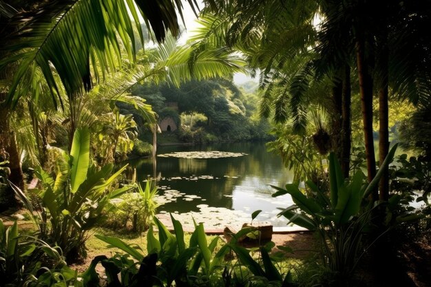 Photo serene pond nestled within a verdant landscape generative ai