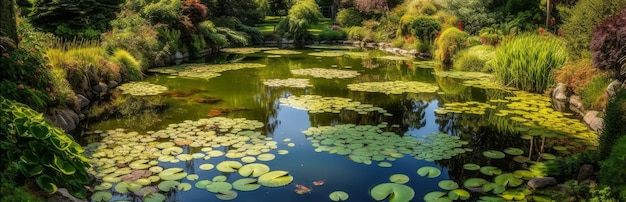 A serene pond surrounded by vibrant flora and fauna Horizontal banner AI generated