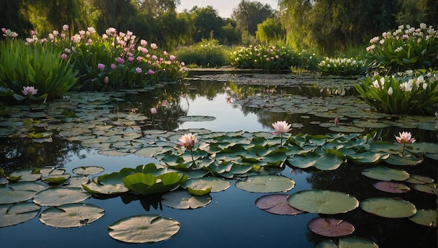 A serene pond surrounded by water lilies in various stages of bloom
