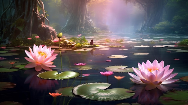 Serene Pond with a Beautiful Lotus Flower